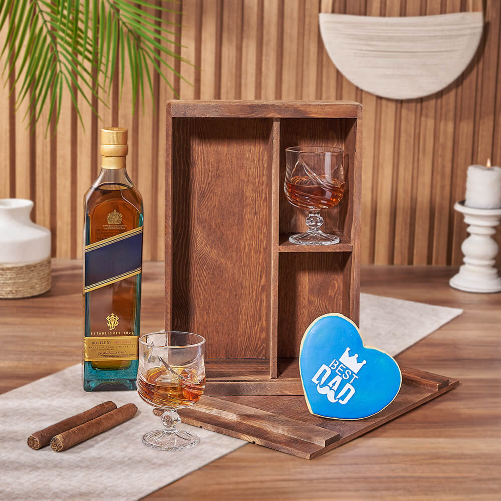 Father's Day Liquor Gift Box with Cigars, Snifter Glasses & Cookie – how the gift is presented