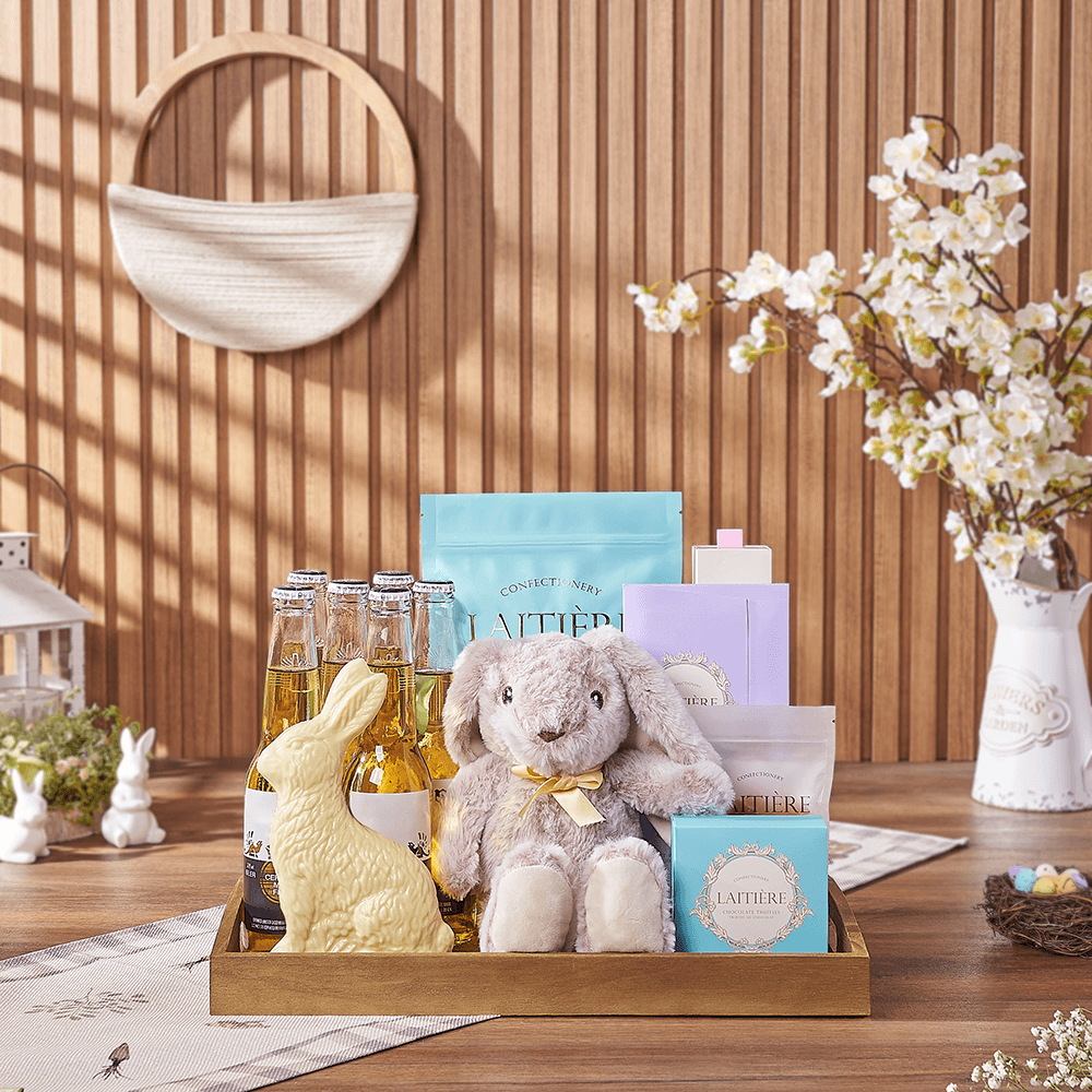 Easter Beer Gift Tray with Plush Bunny, Cherry Cream Ring Candies & Chocolates – how the gift is presented