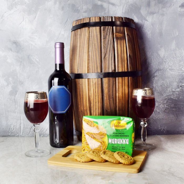 Diwali Wine Gift Basket with Glasses – how the gift is presented