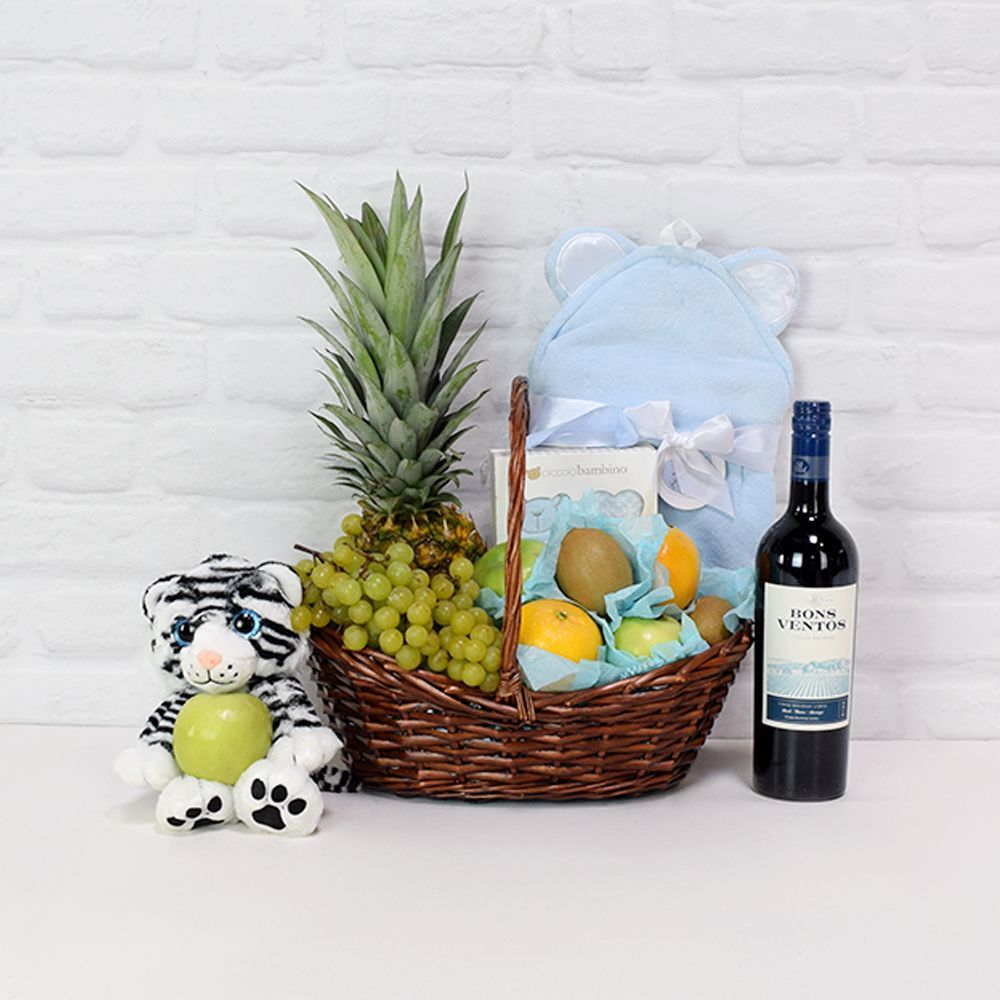 Brown Wicker Wine Gift Basket with Fresh Citrus and Tropical Fruits – how the gift is presented