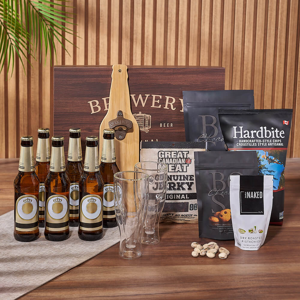 Six-Bottle Beer Basket with Caramel & Dark Chocolate Treats – how the gift is presented