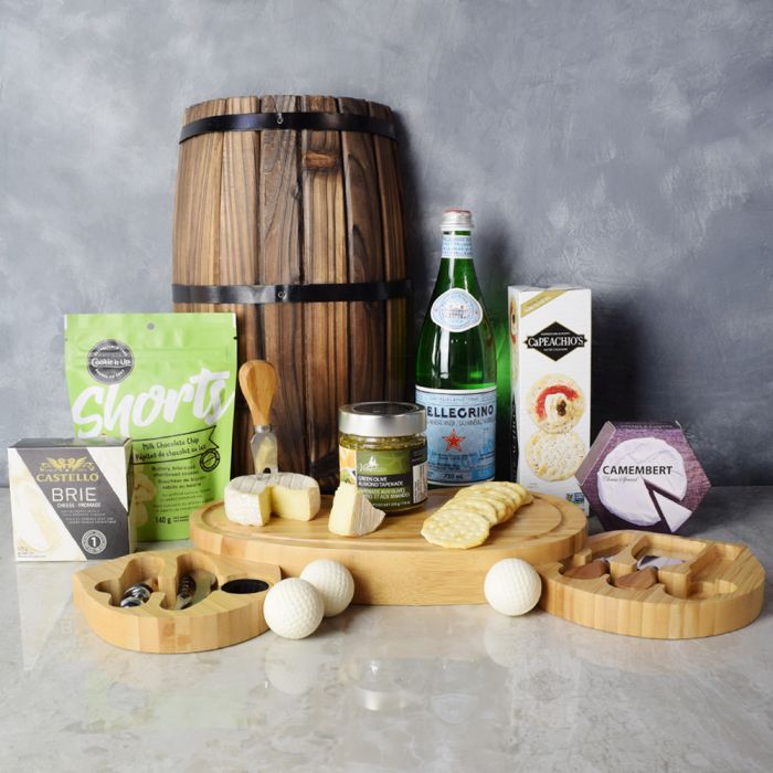 Gourmet Cheese and Tapenade Gift with Two-Drawer Golf-Themed Board – how the gift is presented