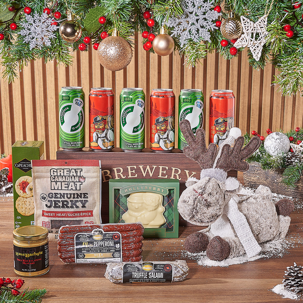 Craft Beer and Gourmet Meat Holiday Gift Box with Reindeer Plush – how the gift is presented