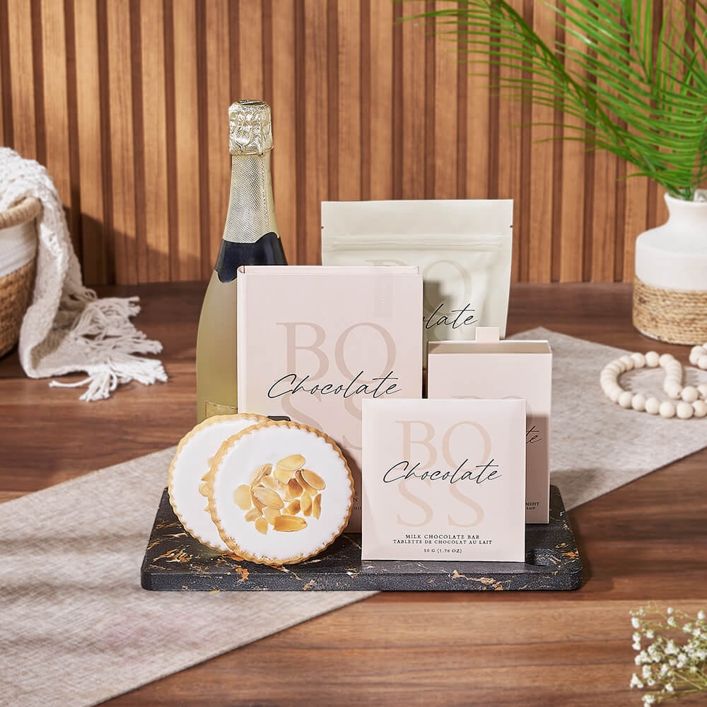 Milk Chocolate and Sparkling Wine Basket – how the gift is presented