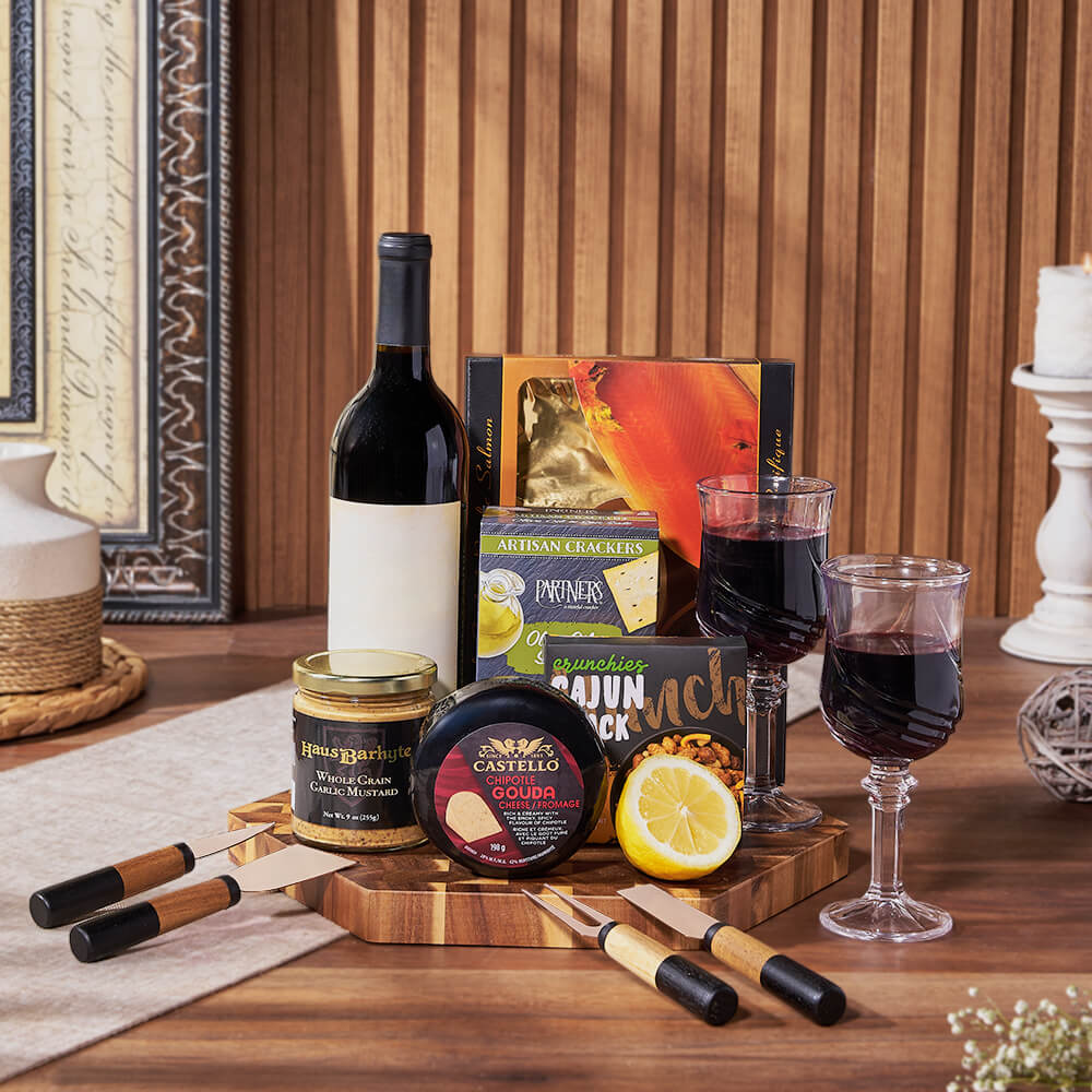 Maple Smoked Salmon and Gourmet Snack Wine Gift Basket with Brass Cheese Knives – how the gift is presented