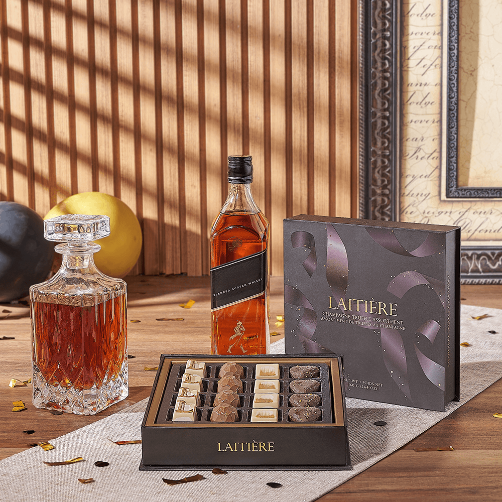 Graduation Gift Basket with Laitière Truffle Assortment and Glass Decanter – how the gift is presented
