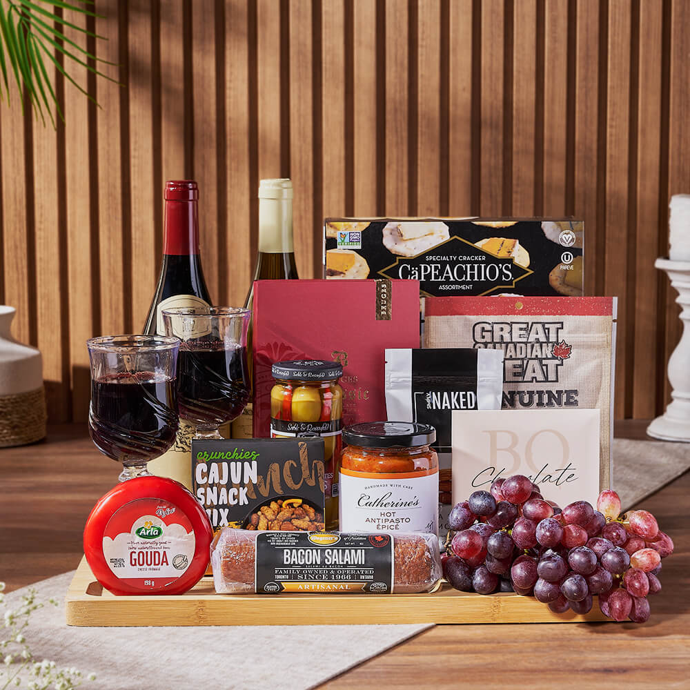 Classic Wine Gift Basket Featuring Cheese, Salami, and Chocolate – how the gift is presented