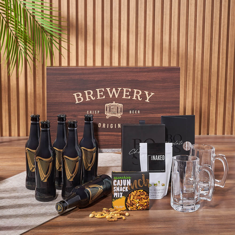 Guinness Beer Six-Pack with Chocolate Truffles and Snacks Gift Basket – how the gift is presented