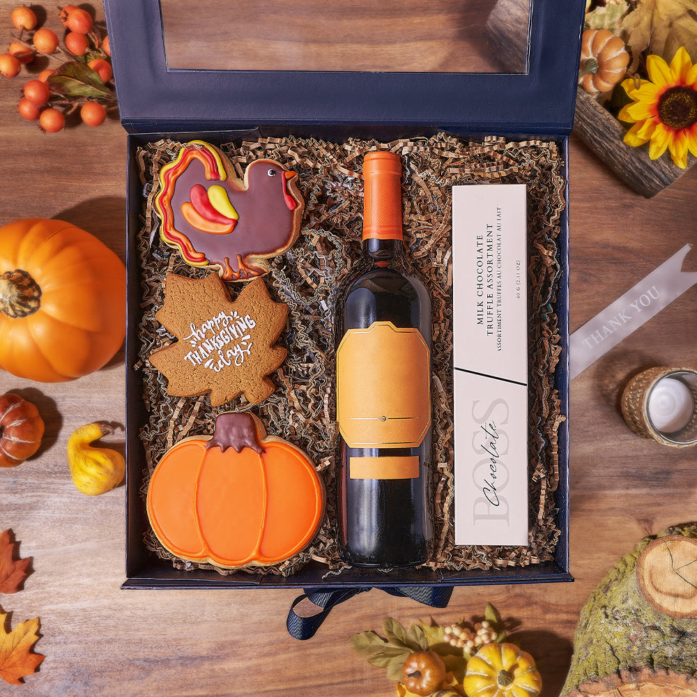 Thanksgiving Wine and Cookies Gift Basket – how the gift is presented