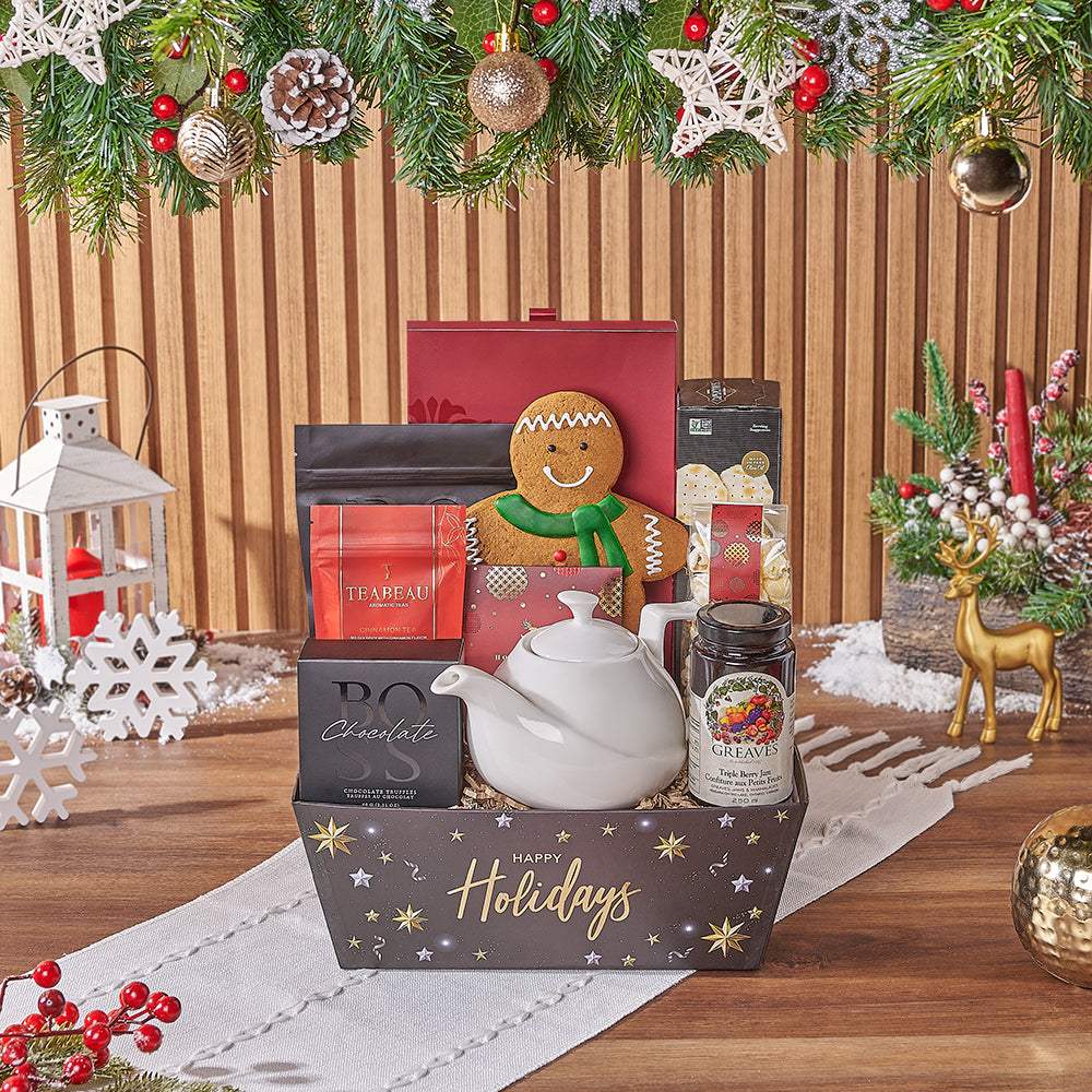 Holiday Gourmet Truffle and Tea Pot Gift Basket – how the gift is presented