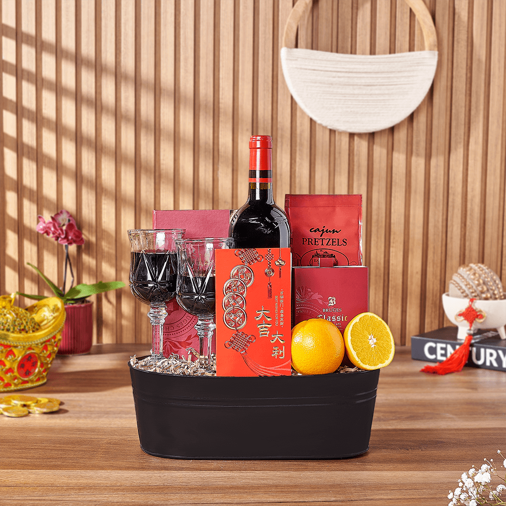 Wine Gift Basket Featuring Milk Chocolate Truffles and Chocolate Coins – how the gift is presented
