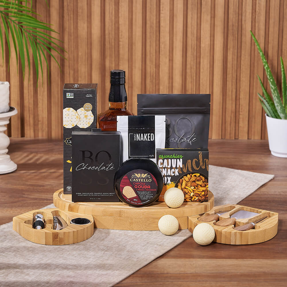 Golf-Inspired Gourmet Gift Box with Assorted Snacks and Liquor – how the gift is presented