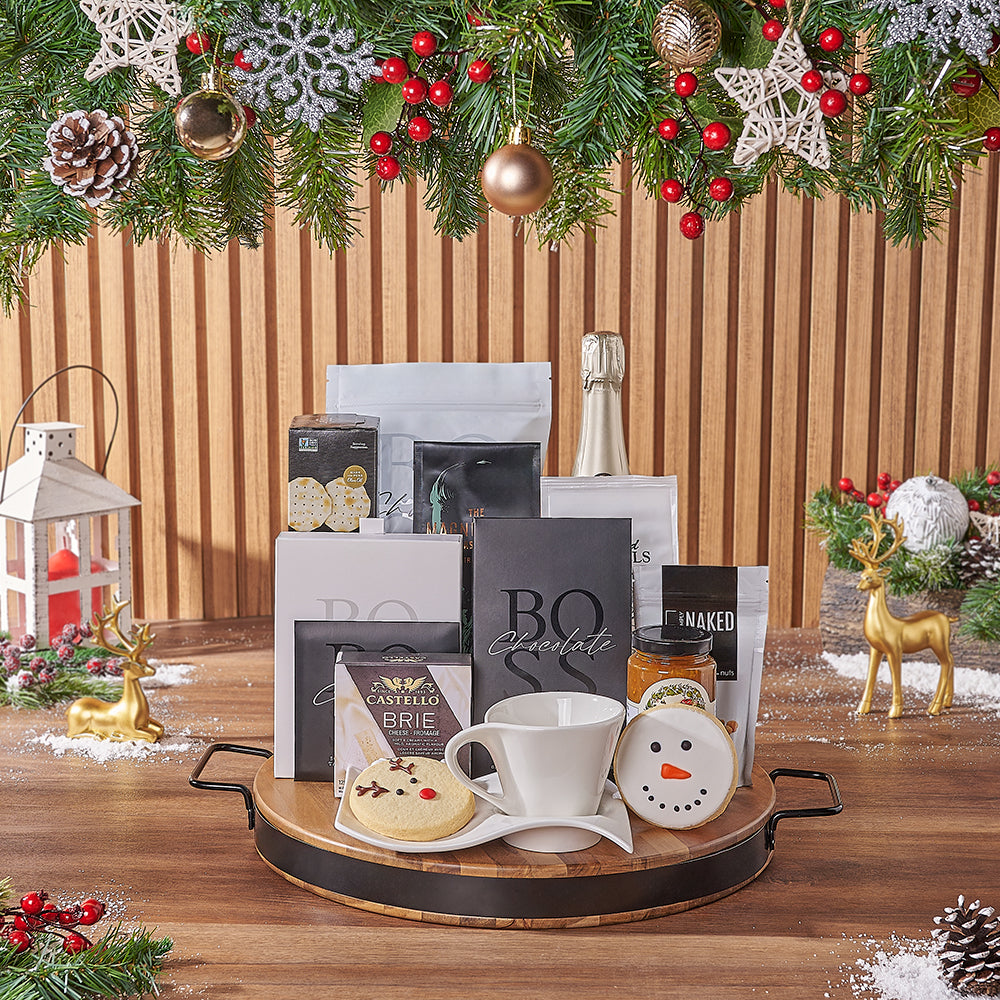 Holiday Champagne Gift Set with Snowflake Treats on Wood Board – how the gift is presented