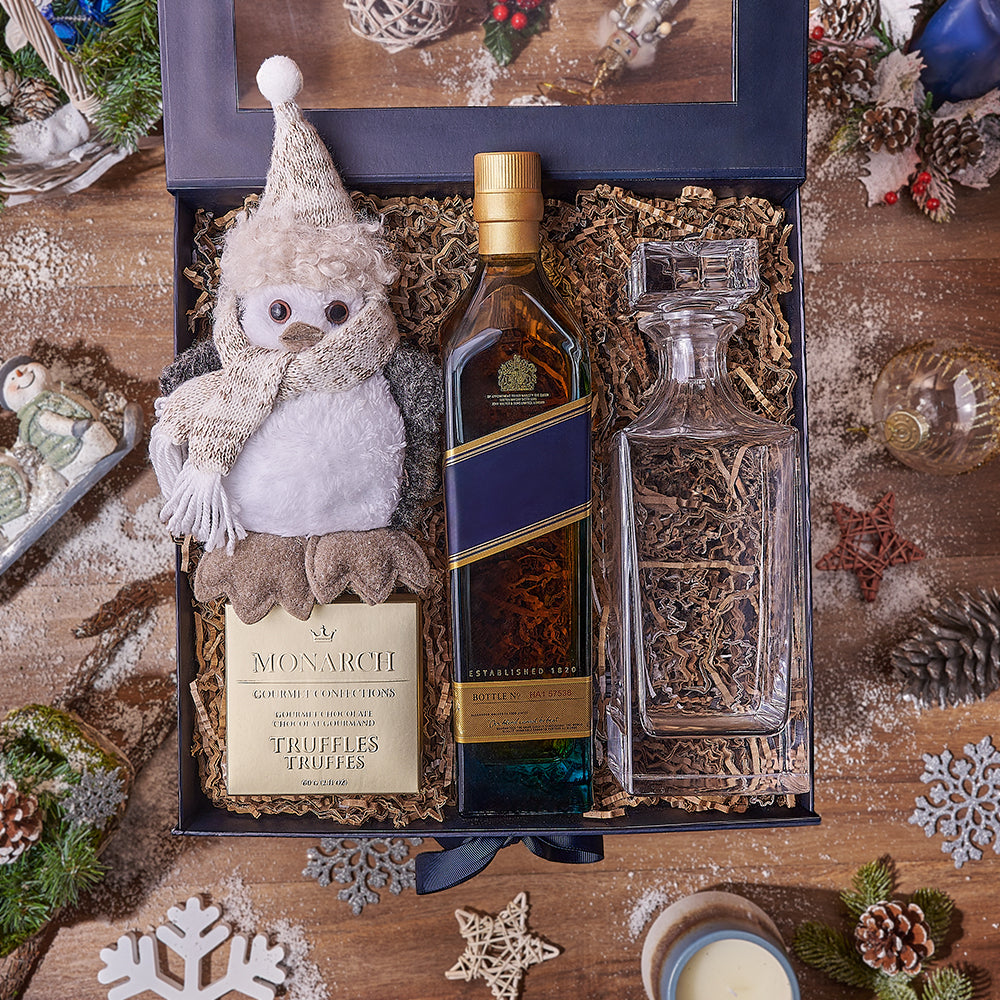 Holiday Whiskey Gift Set with Monarch Truffles in Decorative Glass Decanter Box – how the gift is presented