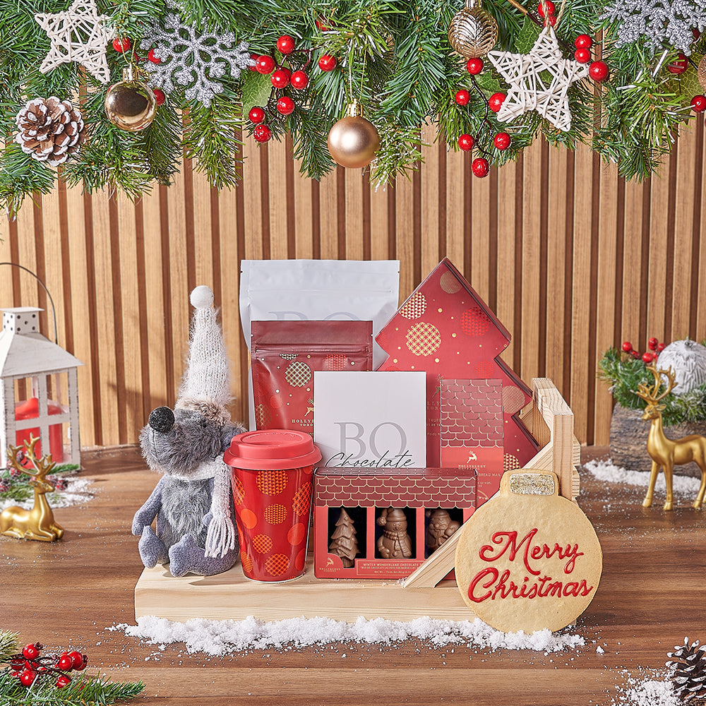 Holiday Dessert Gift Basket with Chocolates and Plush on Sled – how the gift is presented