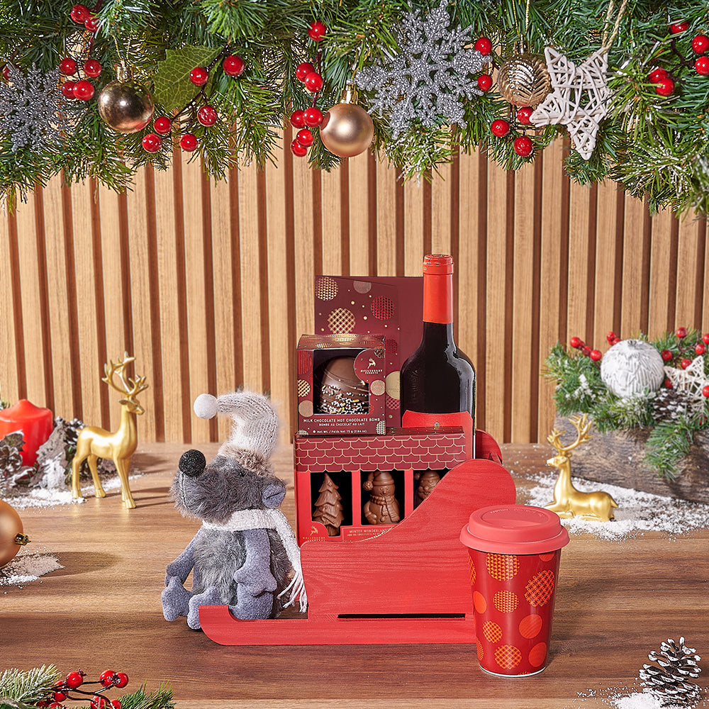 Christmas Wine and Gourmet Hollyberry Chocolate Gift Basket – how the gift is presented