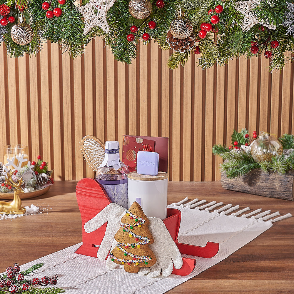 Premium Lavender Spa and Holiday Treats Basket – how the gift is presented