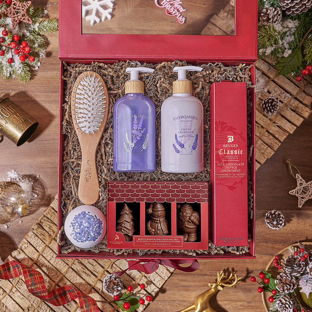 Holiday Milk Chocolate and Body Care Gift Basket – how the gift is presented