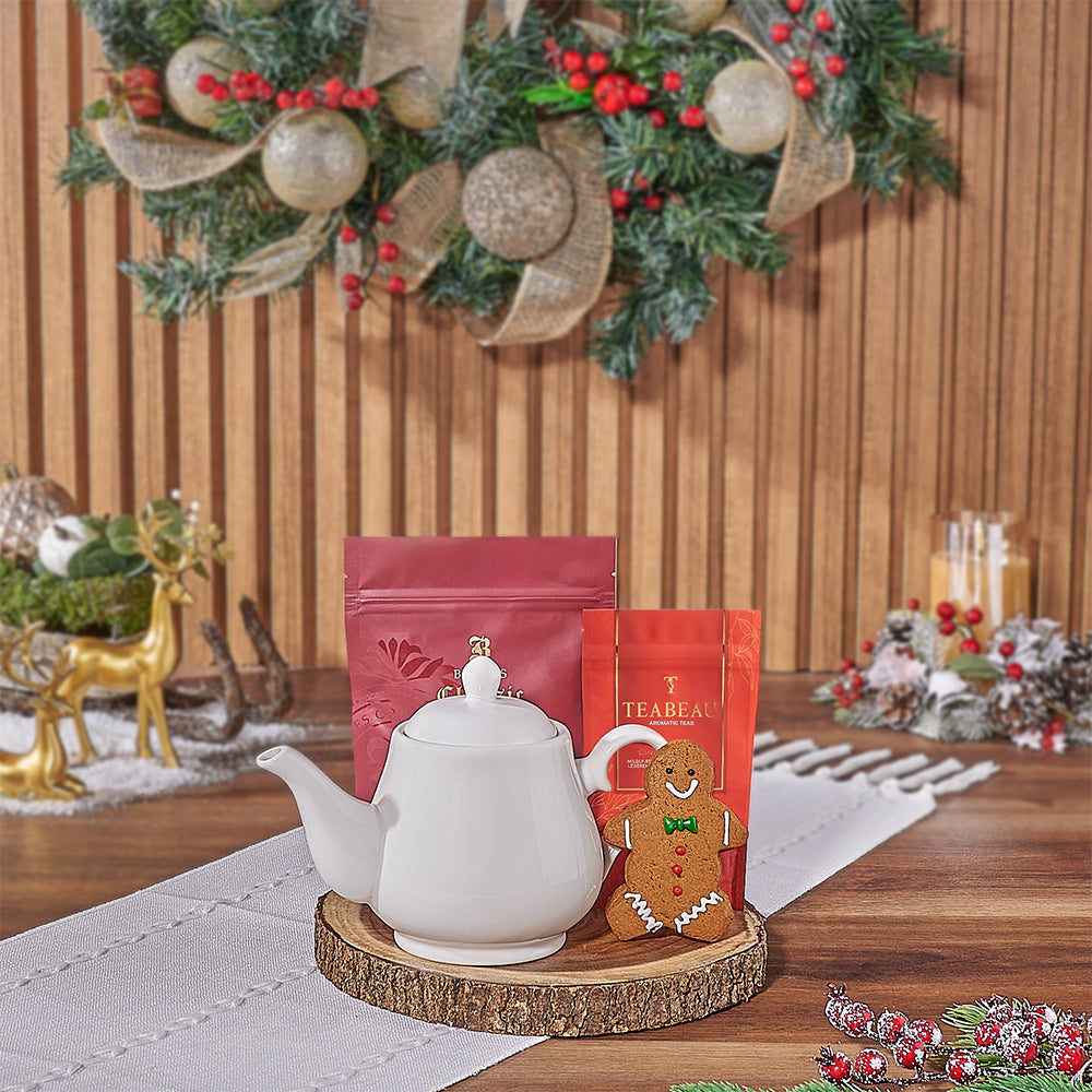 Festive Holiday Gift Basket with Tea Pot and Gourmet Cookies – how the gift is presented