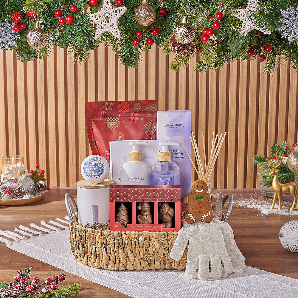 Holiday Lavender Bath and Gourmet Chocolate Basket – how the gift is presented