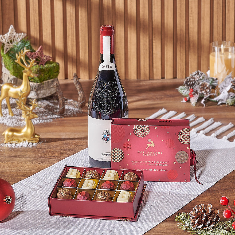 Festive Gift Basket with Wine and 12 Holiday Chocolate Truffles – how the gift is presented