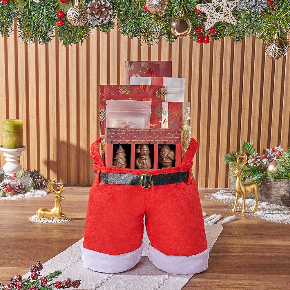 Holiday Santa Pants Bag with Premium Chocolates Gift Basket – how the gift is presented