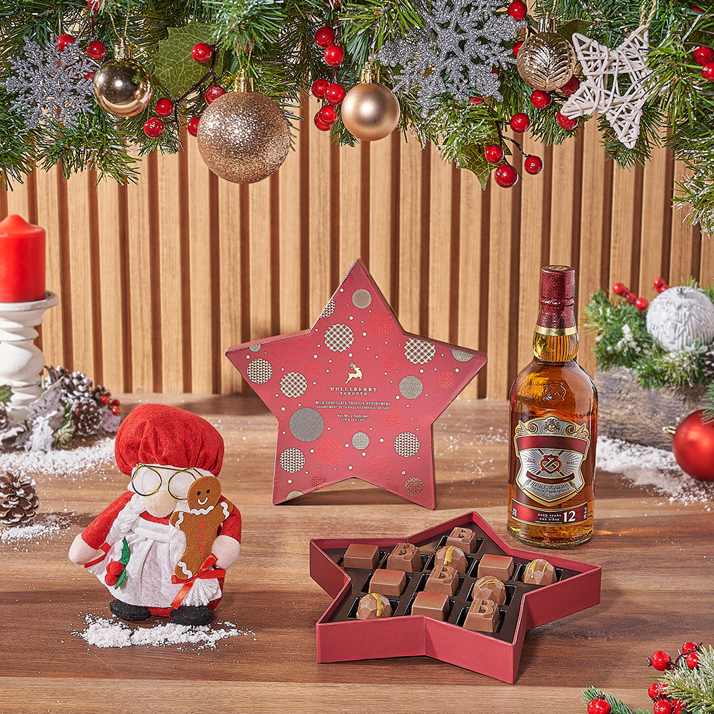 Premium Whiskey Gift Basket with Holiday Plush Mrs. Claus and Chocolates – how the gift is presented