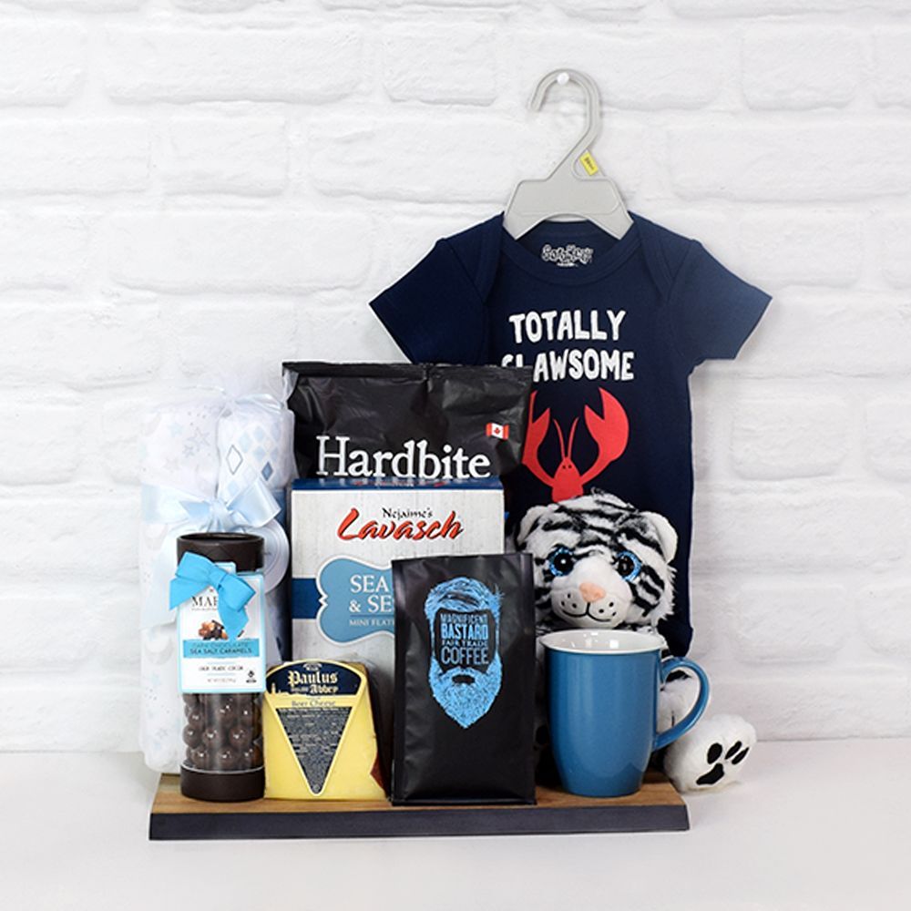 Signature Baby Celebration Basket with Artisan Snacks and Plush Tiger – how the gift is presented