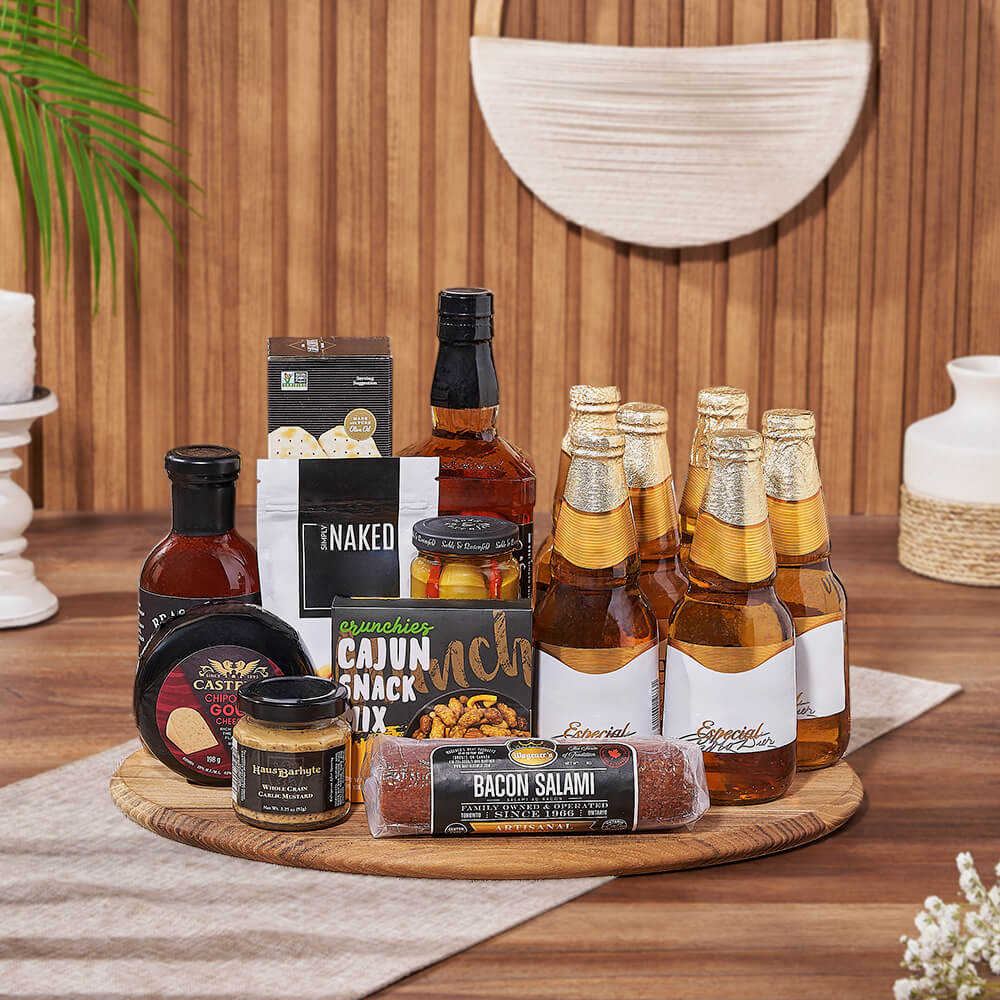 Whiskey Bottle and Assorted Beer Gift Basket with Savory Bites – how the gift is presented