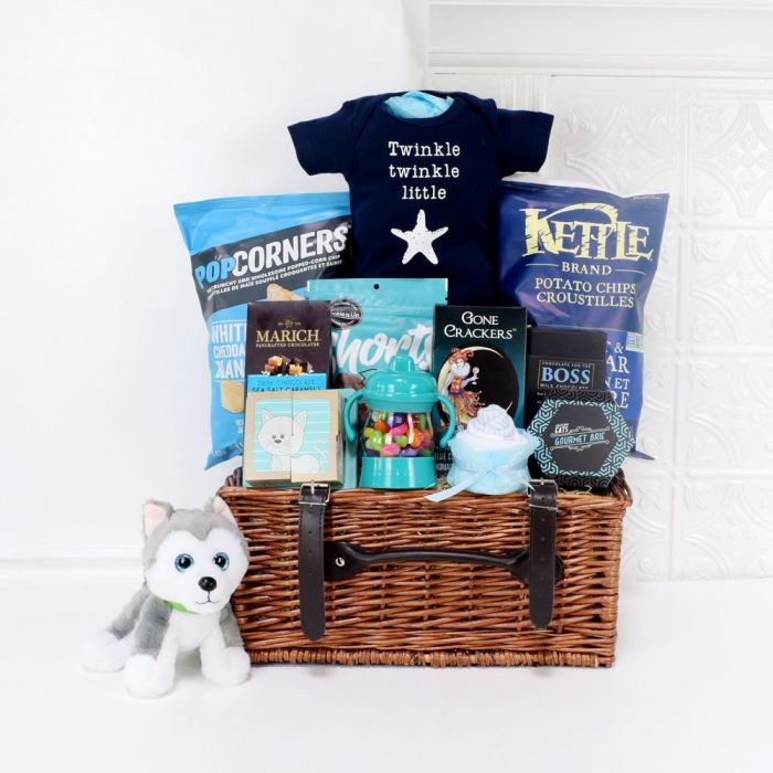 Little Star Baby Gift Basket with Plush Huskie and Gourmet Treats – how the gift is presented