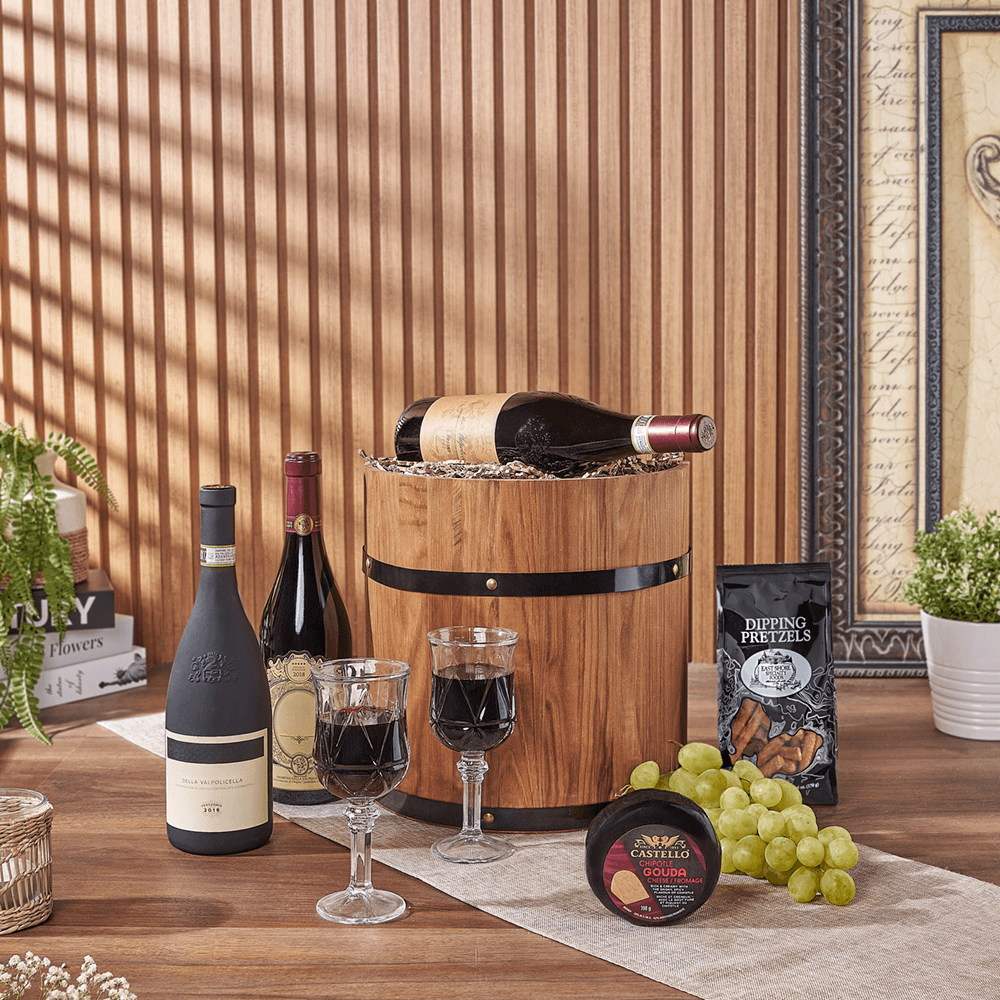 Lovely Wine Cheese Barrel - Table Wines, wine gift, wine, fruit gift, fruit, cheese gift, cheese, Boston delivery