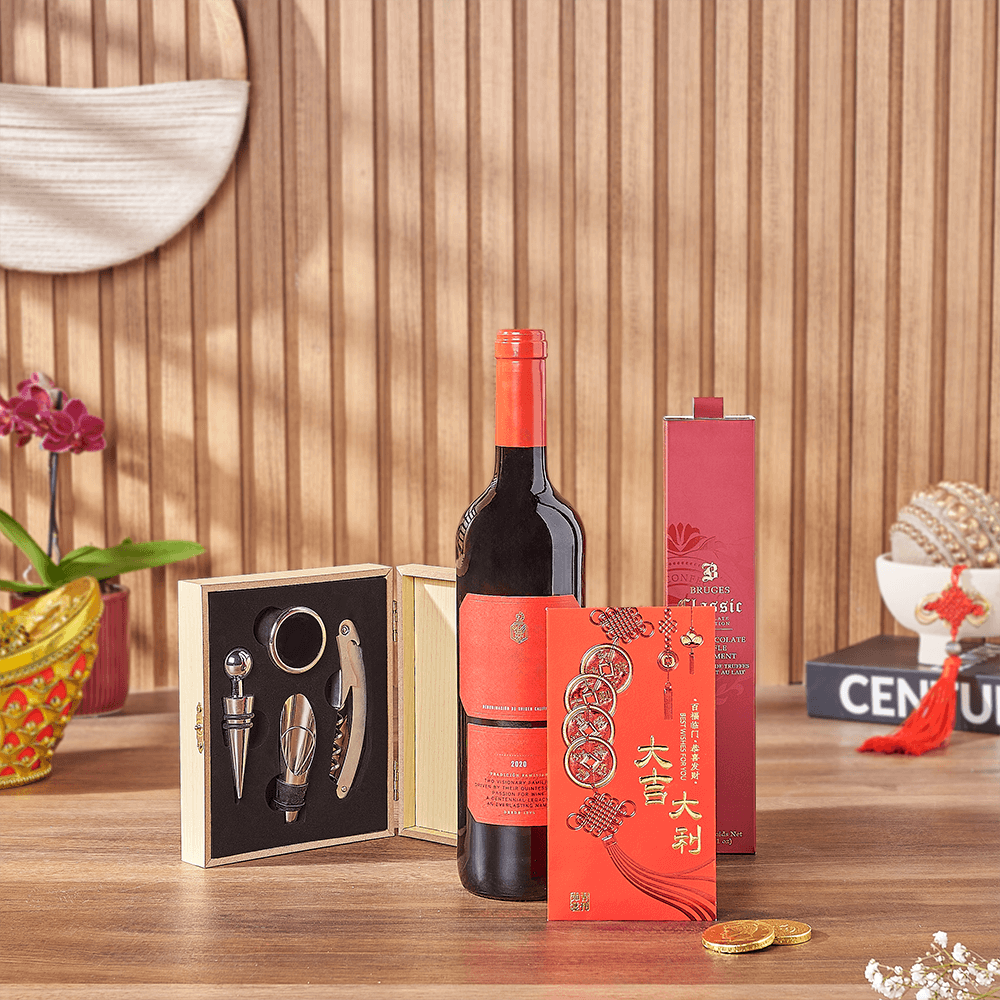 Lunar New Year Lucky Wine Gift Set with Bruges Truffles and Chocolate Coins – how the gift is presented