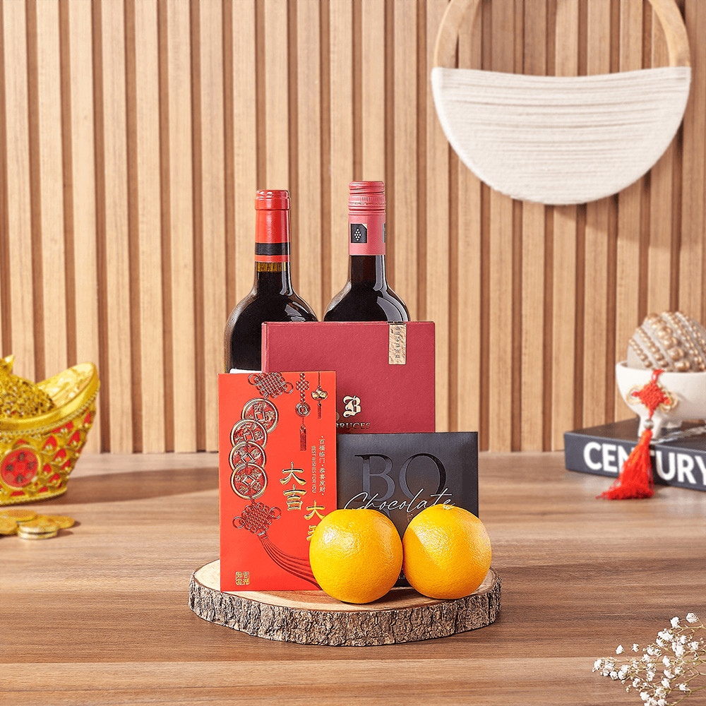 Lunar New Year Celebration Wine Duo with Chocolates and Oranges – how the gift is presented