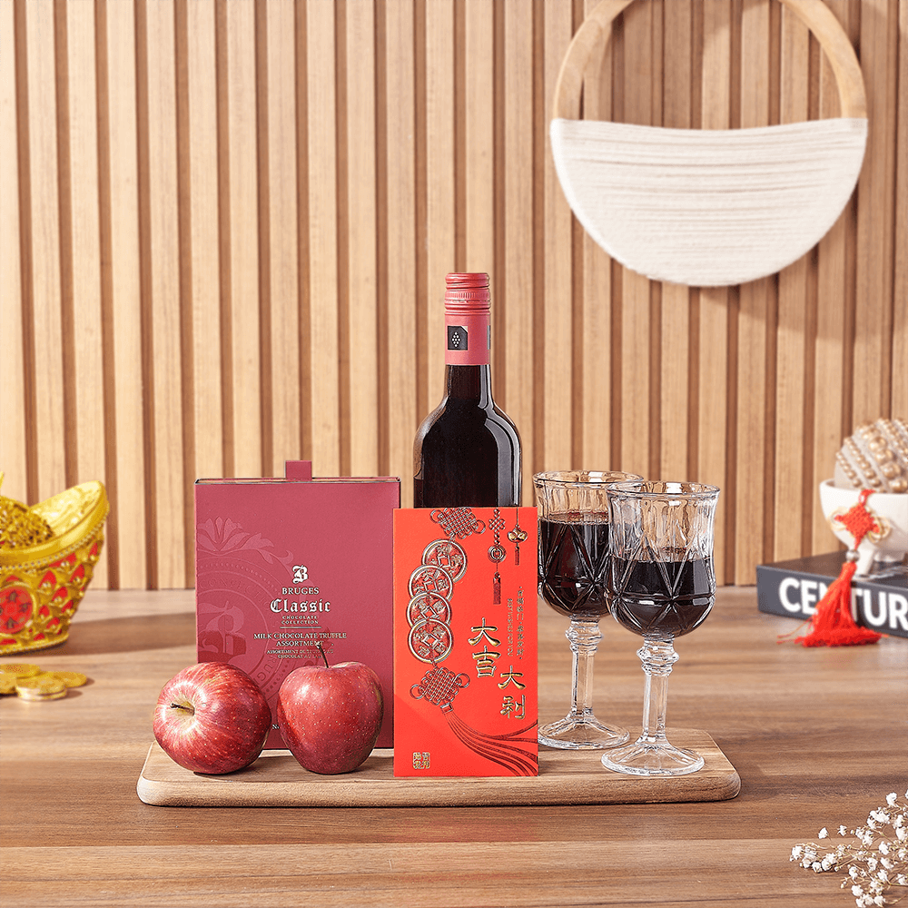 Premium Wine and Bruges Chocolate Gift Basket for Lunar New Year – how the gift is presented