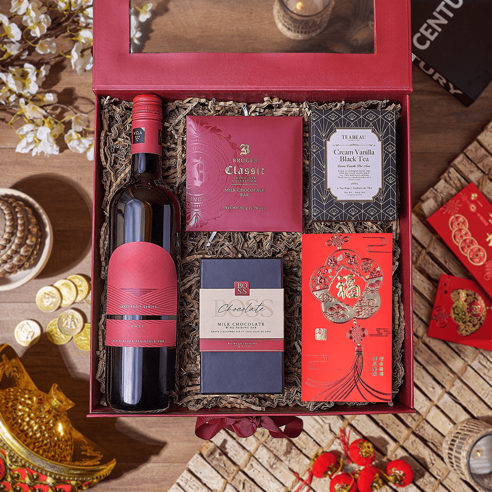 Lunar New Year Celebration Wine and Tea Gift Box with Chocolates – how the gift is presented