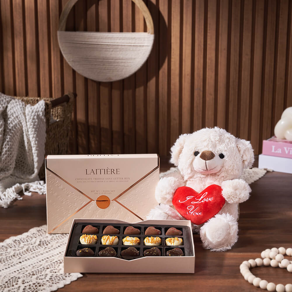 Gourmet Chocolate Truffles Gift Box with Classic Plush Heart Bear – how the gift is presented