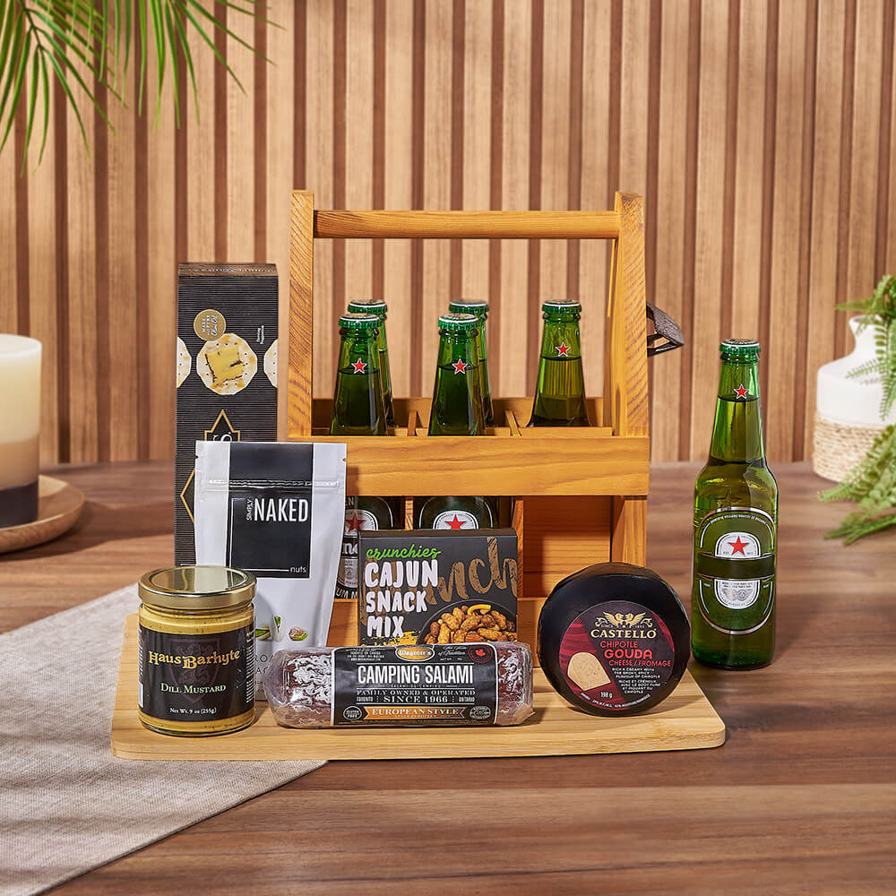 Six-Bottle Beer Gift Basket with Salami and Gouda Cheese – how the gift is presented