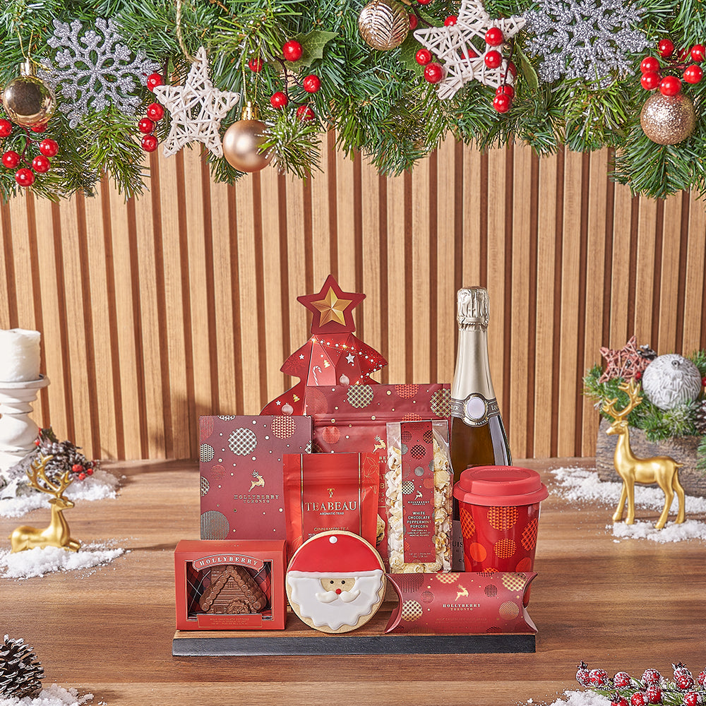 Holiday Sparkling Wine Gift Basket with Chocolate Treats – how the gift is presented