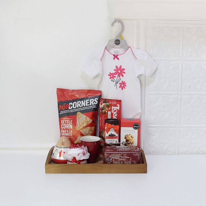 Deluxe Baby Gift Basket with Onesie and Music Box in Dark Wood Tray – how the gift is presented