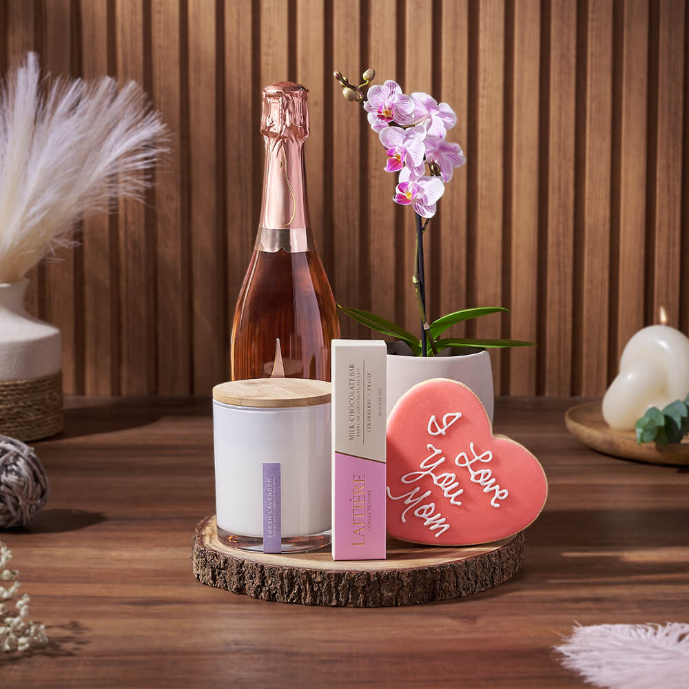 Assorted Phalaenopsis Orchids in Ceramic Pot with Sparkling Wine Gift for Mom – how the gift is presented