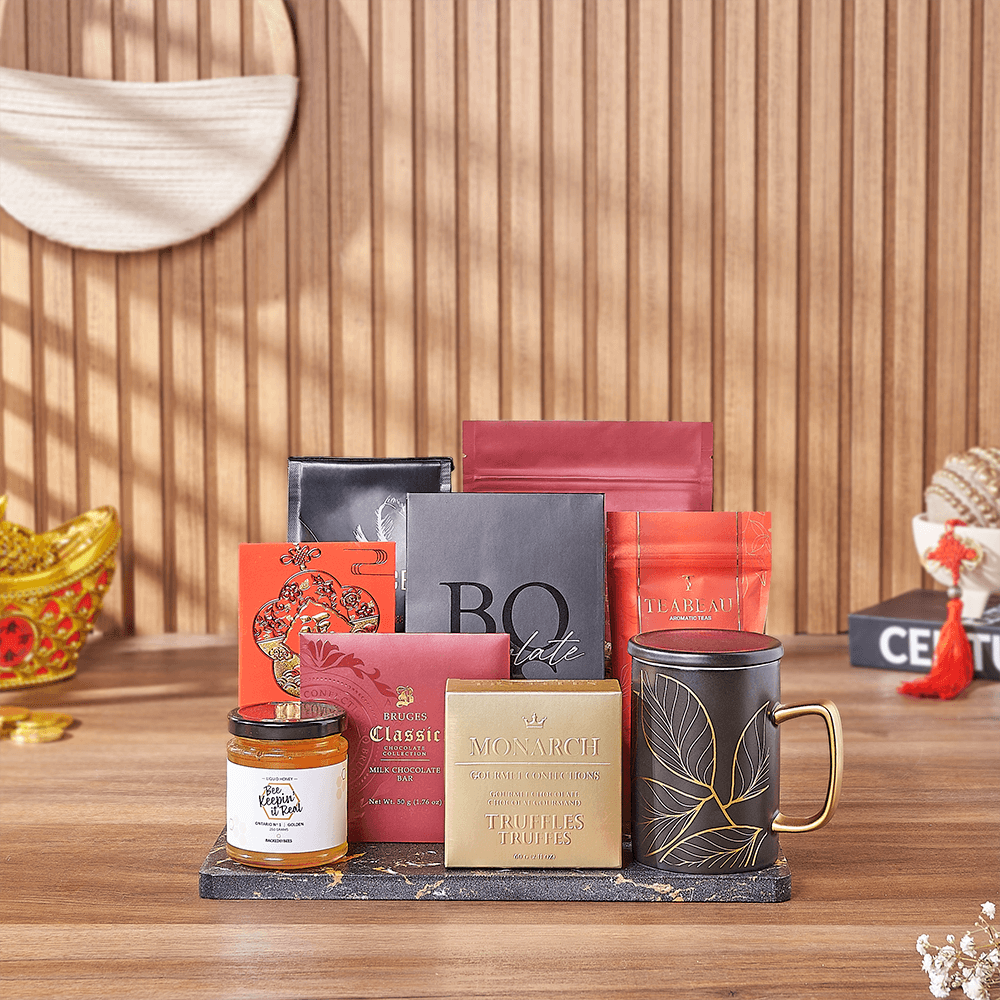 Festive Coffee, Chocolate, and Honey Gift Basket for Chinese New Year – how the gift is presented