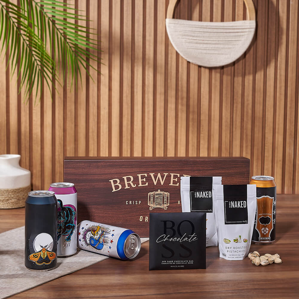 Premium Craft Beer with Dark Chocolate and Nuts Gift Basket – how the gift is presented