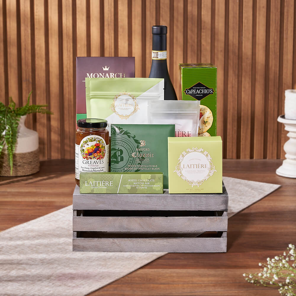Medium Grey Wooden Crate Wine Gift Featuring Mint Chocolate and Crackers – how the gift is presented