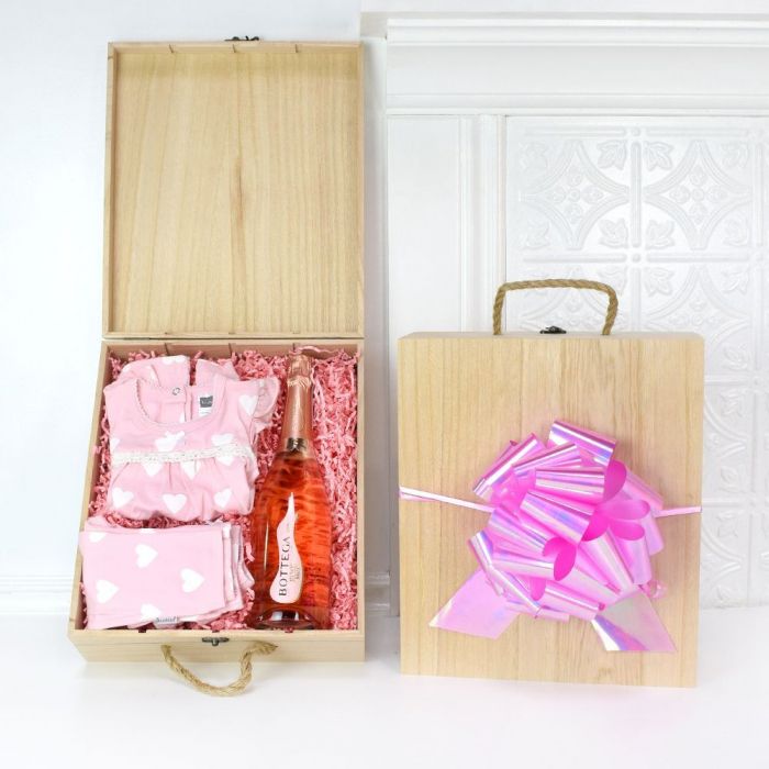 Elegant Champagne Gift Crate with Pink Baby Girl Dress Set – how the gift is presented