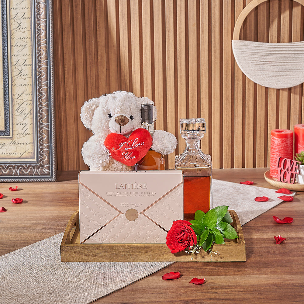 Whiskey Collection and Red Rose Valentine’s Gift Basket – how the gift is presented