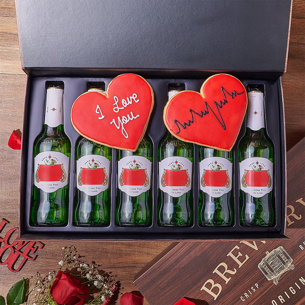 Craft Beer Gift Basket Featuring I Love You Heart Cookies for Valentine's – how the gift is presented