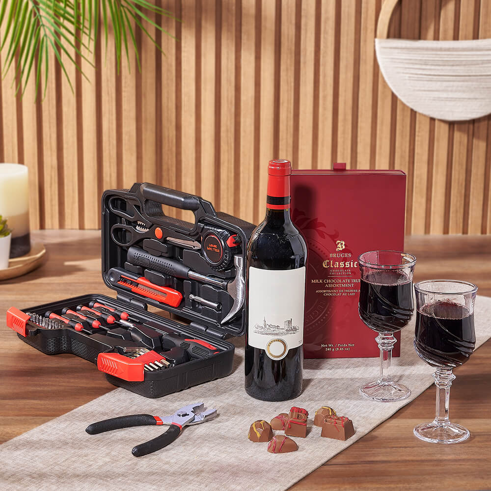 Bruges Milk Truffle and Wine Gift Basket with Tool Set – how the gift is presented