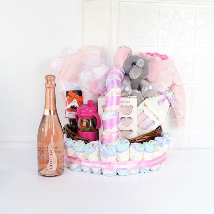 Deluxe Champagne Gift Basket with Baby Essentials and Milk Chocolate Cherries – how the gift is presented