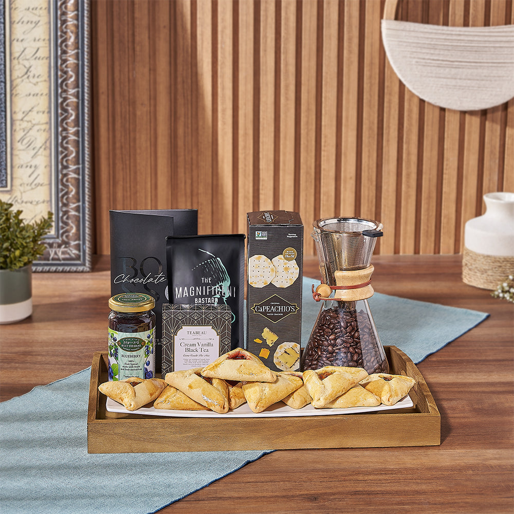 Purim Gourmet Gift Tray with Coffee, Tea, and Hamantaschen – how the gift is presented