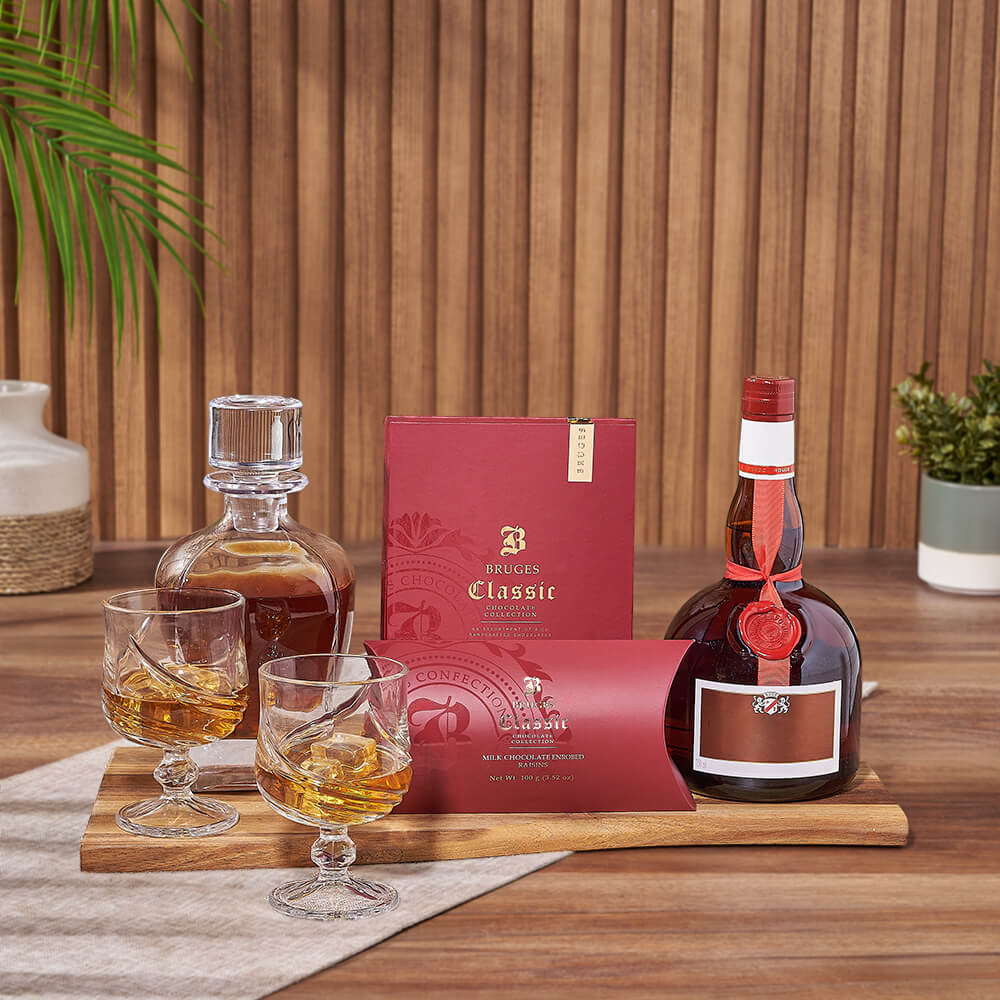 Luxury Vodka Gift Basket with Decanter, Snifter Glasses & Bruges Chocolates – how the gift is presented
